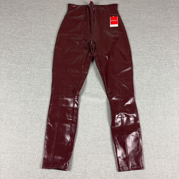 SPANX Pants - Spanx Faux Patent Leather Leggings Womens M Red Ruby‎ High Rise Ankle Shaping